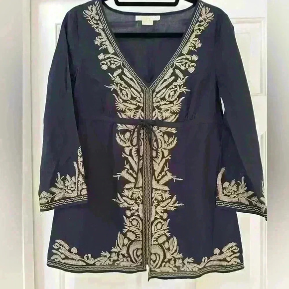 Michael Kors Taupe and‎ Navy Bohemian Style Embroidered Lightweight Cotton Tunic - Picture 1 of 4